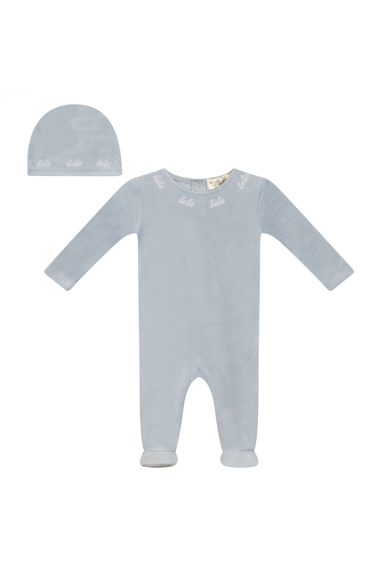 Bebe Embroidered Velour Romper with Hat, Main, color, Blue
