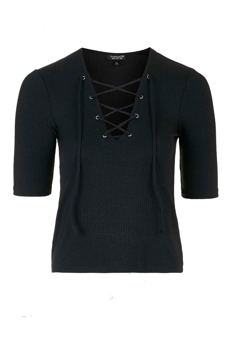 Lace-Up Short Sleeve Crop Top, Alternate, color, BLACK
