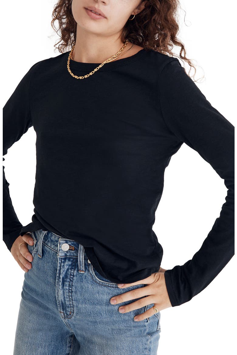 Whisper Cotton Rib Crewneck Long Sleeve T-Shirt, Alternate, color, TRUE BLACK