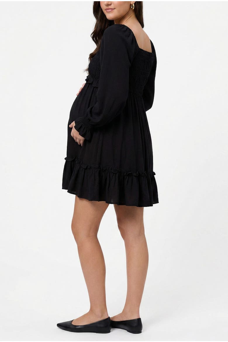 V-Neck Long Sleeve Smocked Tiered Short Dress, Alternate, color, Black