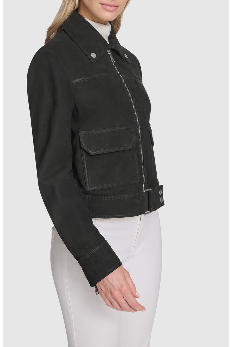 Luneta Suede Trucker Jacket, Alternate, color, BLACK