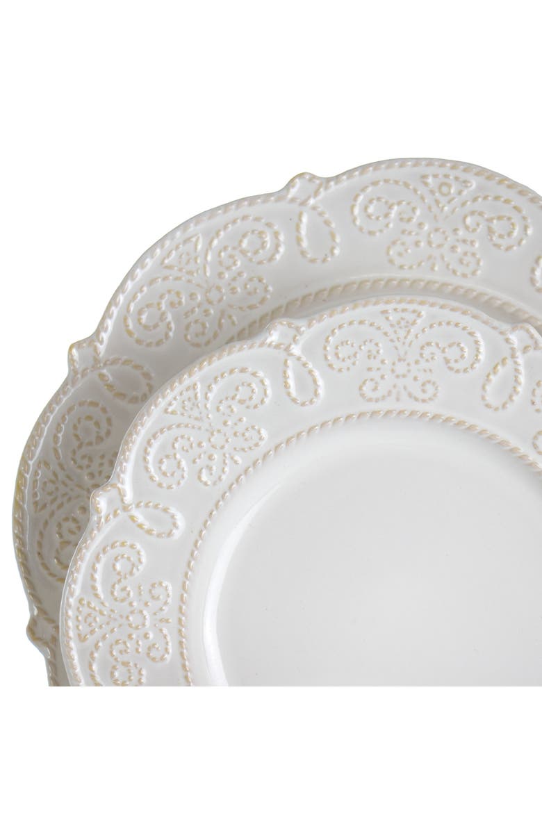 Elama Luna 16 Piece Embossed Scalloped Stoneware Dinnerware Set, Alternate, color, White