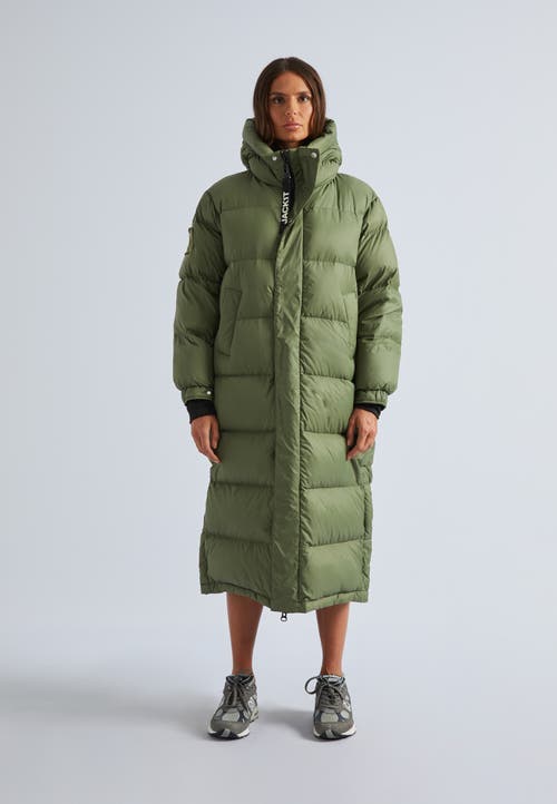 Jack1t Longline Midi Puffer Coat In Muted Olive