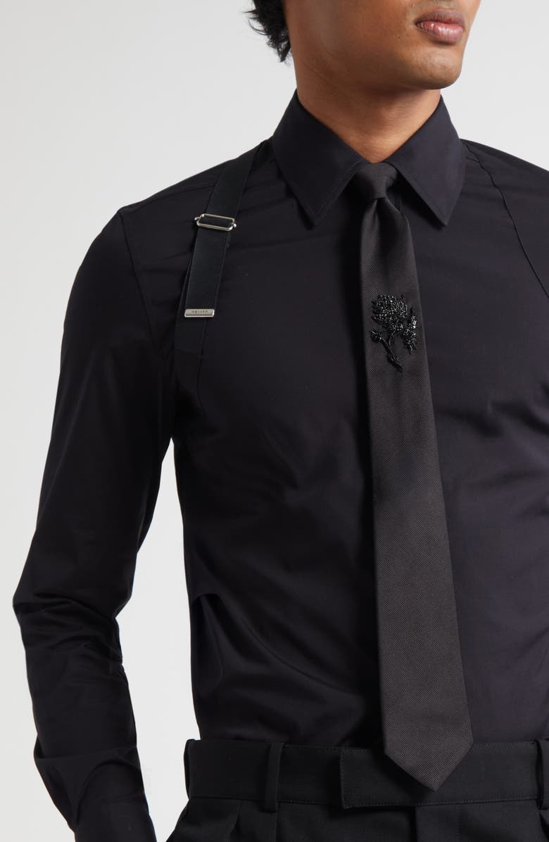 McQueen Jet Crystal Rose Embellished Silk Tie, Alternate, color, 