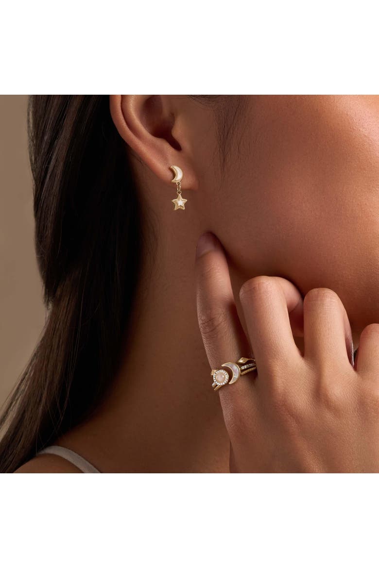 Ethereal Glow Rainbow Moonstone Moon & Star Gold Earrings, Alternate, color, Gold/White