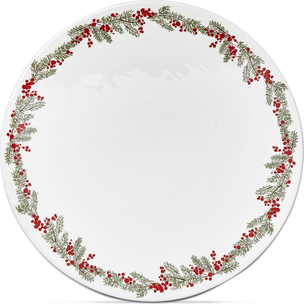 Tag Farmhouse Christmas White With Red Holly Stoneware Pedestal Cake Plate 14.0" In White