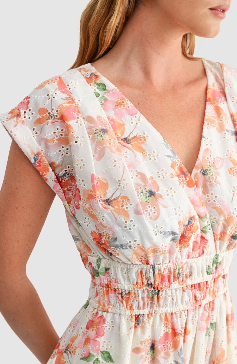 Mila Mae Floral Cap Sleeve Eyelet Cotton A-Line Midi Dress, Alternate, color, Orange Mauve Floral