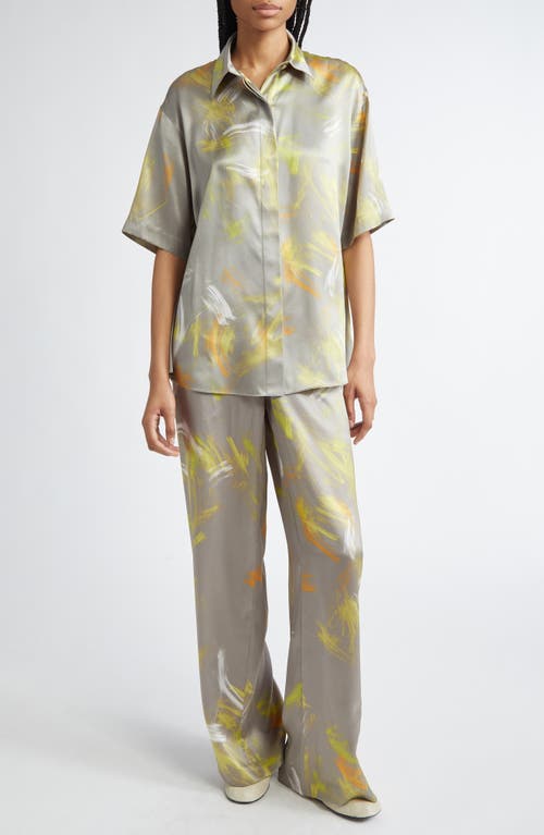 Lafayette 148 New York Drop Shoulder Short Sleeve Silk Button-up Top In Pencil Grey Multi