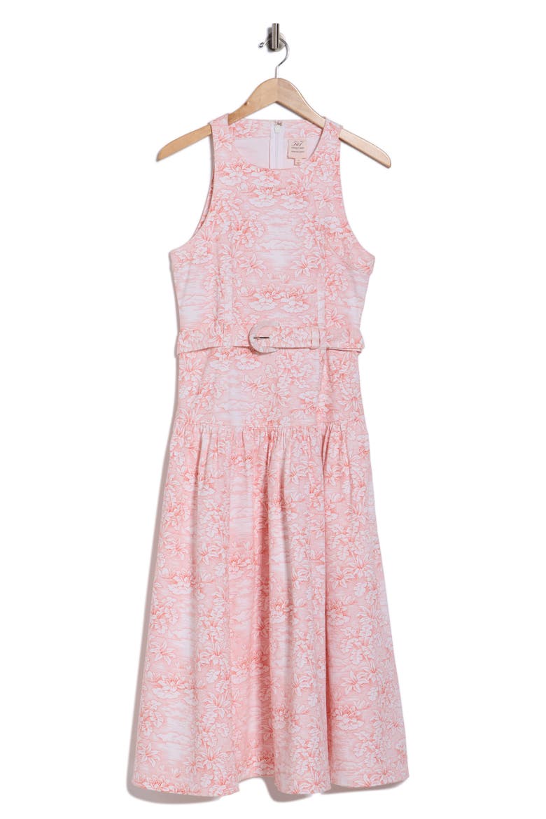 Zoey Sleeveless Belted Stretch Cotton Toile Dress, Alternate, color, WHITE/ CHERRY TOMATO