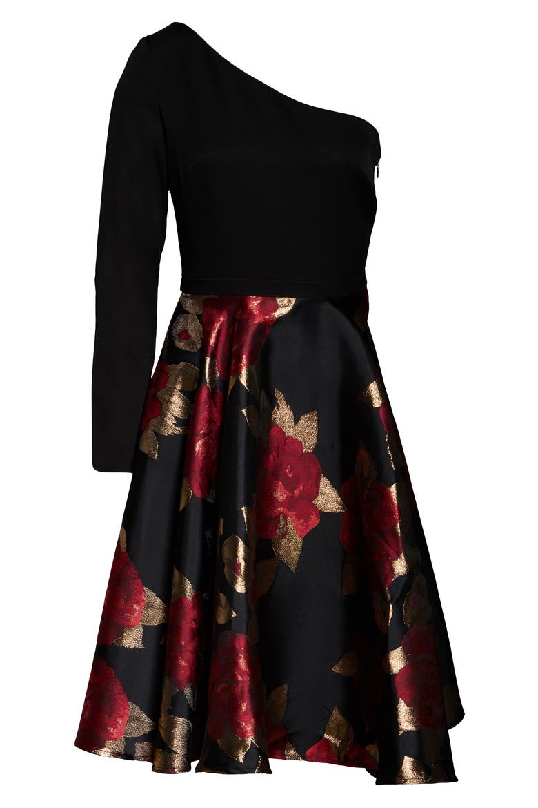 Roslin One-Shoulder Jacquard Cocktail Dress, Alternate, color, BLACK