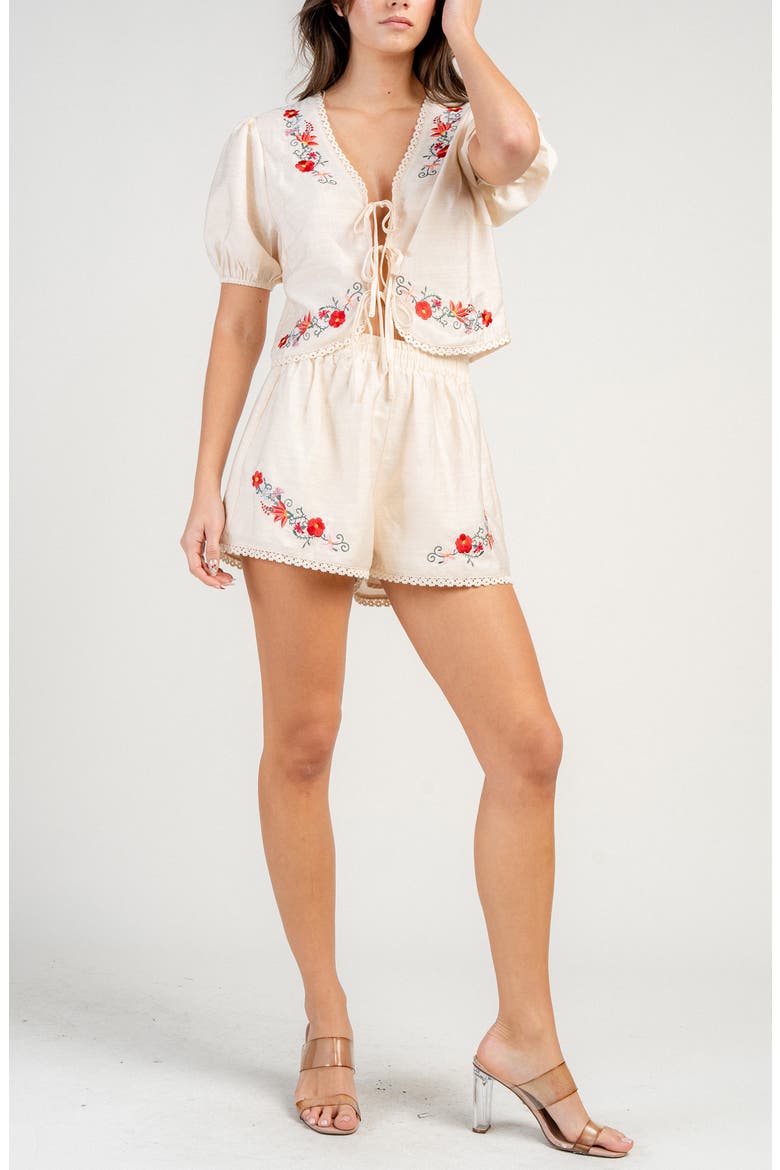 Gauze Embroidered Lace Up Top & Shorts Set, Alternate, color, NATURAL