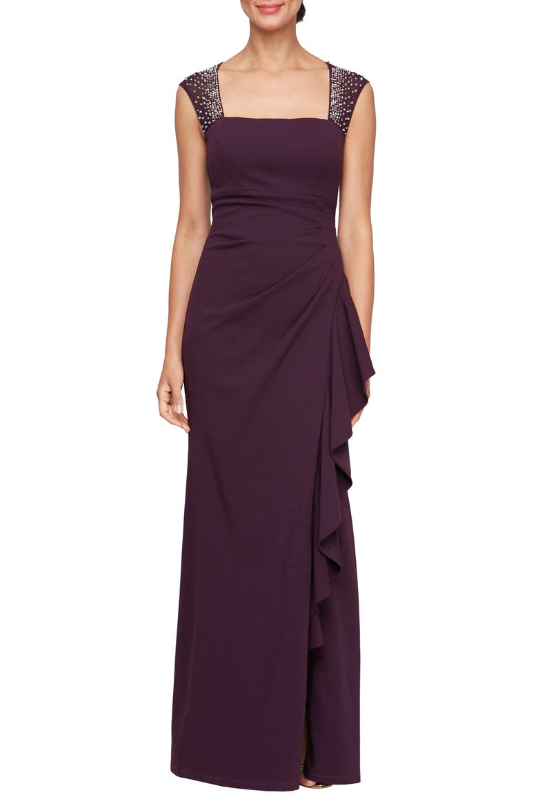 Embellished Ruffle Gown, Main, color, AUBERGINE