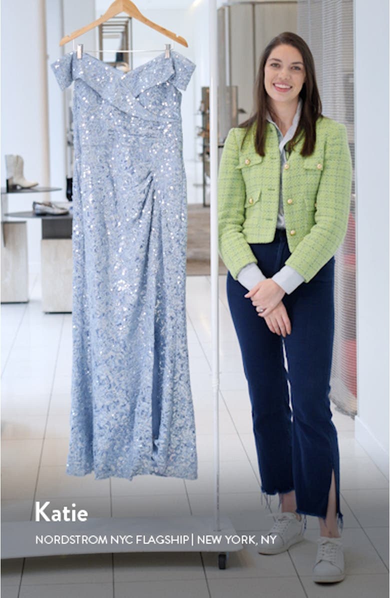 Floral Embroidered Sequin Off the Shoulder Gown, sales video thumbnail