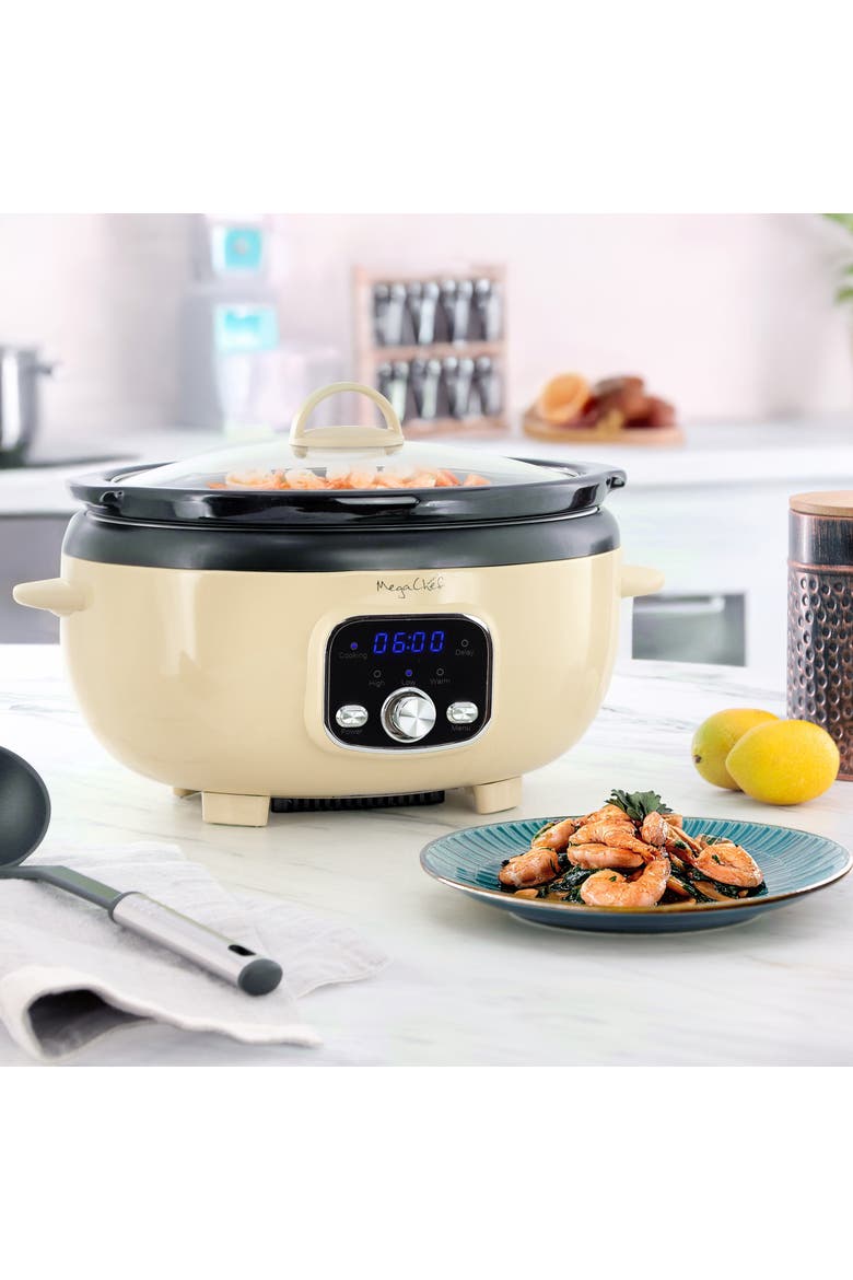 3.7 Quart Oval Electric Digital Slow Cooker in Cream with Black Pot, Alternate, color, White