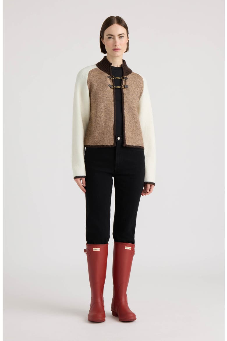 Snaffle Buckle Mock Neck Cardigan, Alternate, color, BRITISH TAN/ GROUND COFFEE