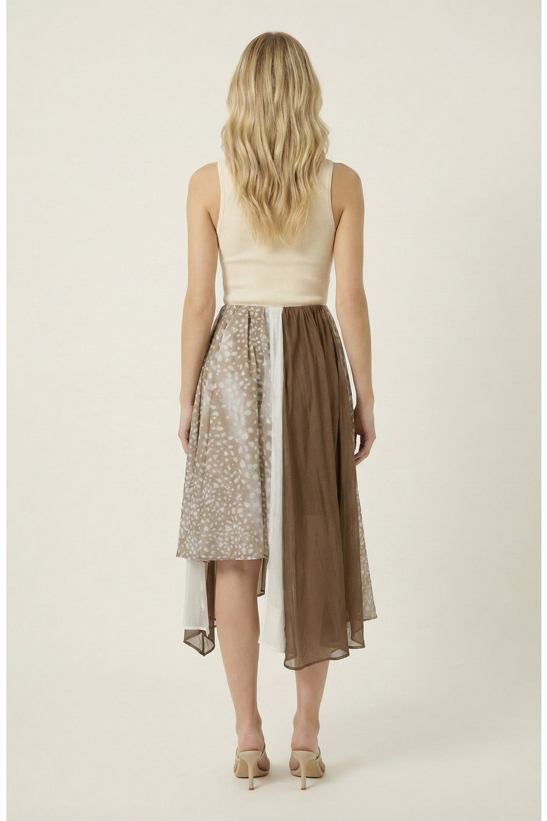 Printed Sheer Overlay Asymmetrical Panel Midi Skirt, Alternate, color, Brown