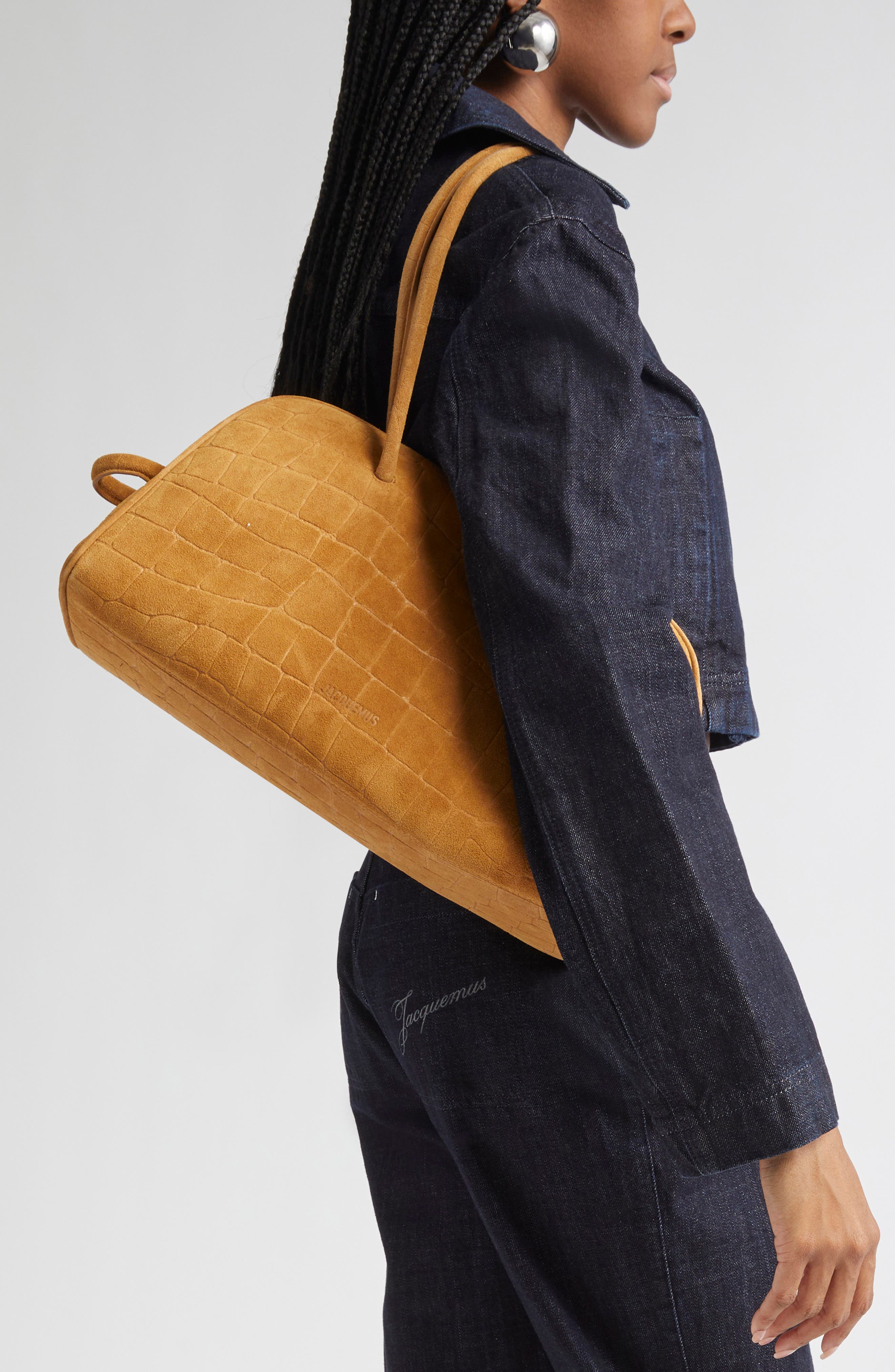 Jacquemus Le Turismo Croc Embossed Suede Bowling Bag, Alternate, color, Camel