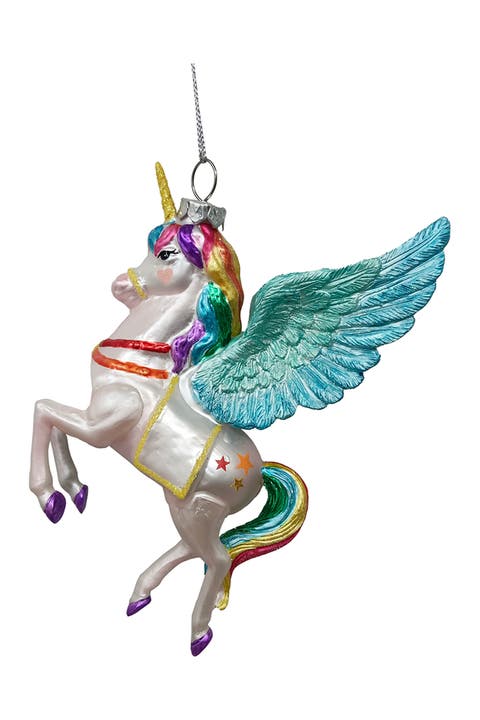 Winged Rainbow Mane Unicorn Glass Ornament