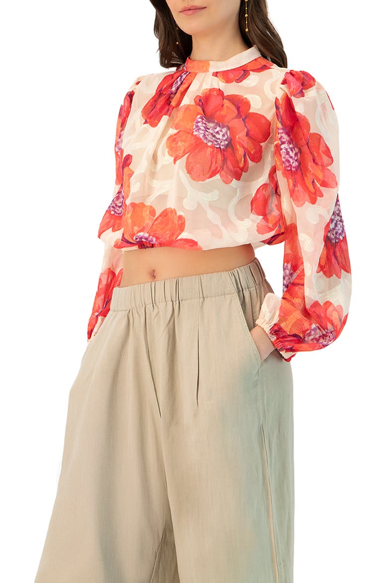 Shimmering Printed Blouse with Pleated Round Neck, Alternate, color, Ivory