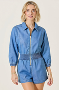 Modenaire Zip Front Romper with Smocked Waist and 3/4 Sleeves