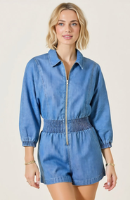Modenaire Zip Front Romper with Smocked Waist and 3/4 Sleeves