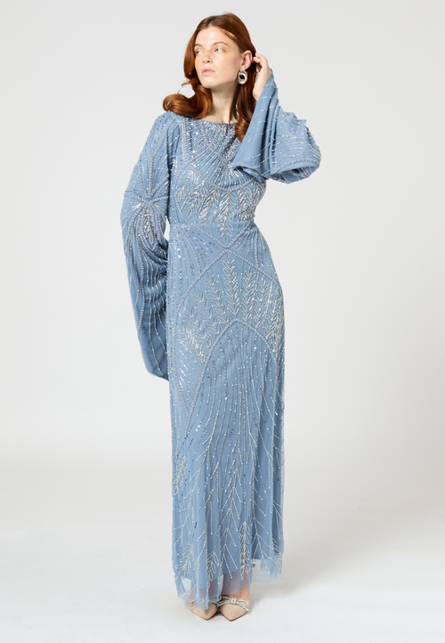 Maryisa Modest Embellished Sequin Beaded Maxi Dress With Long Sleeves