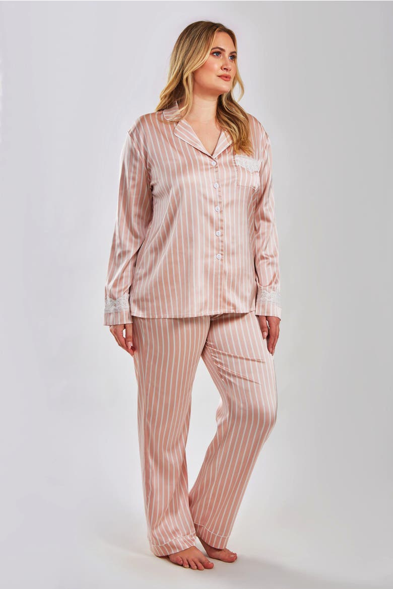 Stretch Satin Button-Down Pant Set with Lace Trim, Main, color, Pink
