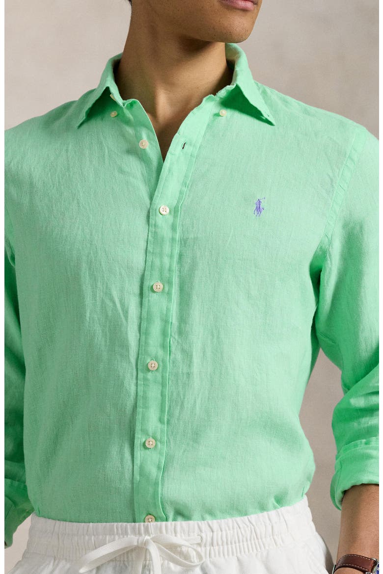 Classic Fit Solid Green Linen Button-Down Shirt, Alternate, color, AQUA VERDE