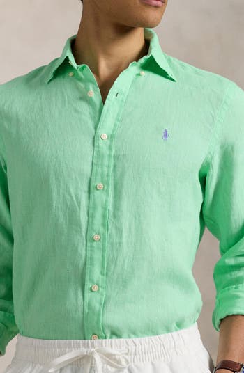 Classic Fit Solid Green Linen Button-Down Shirt