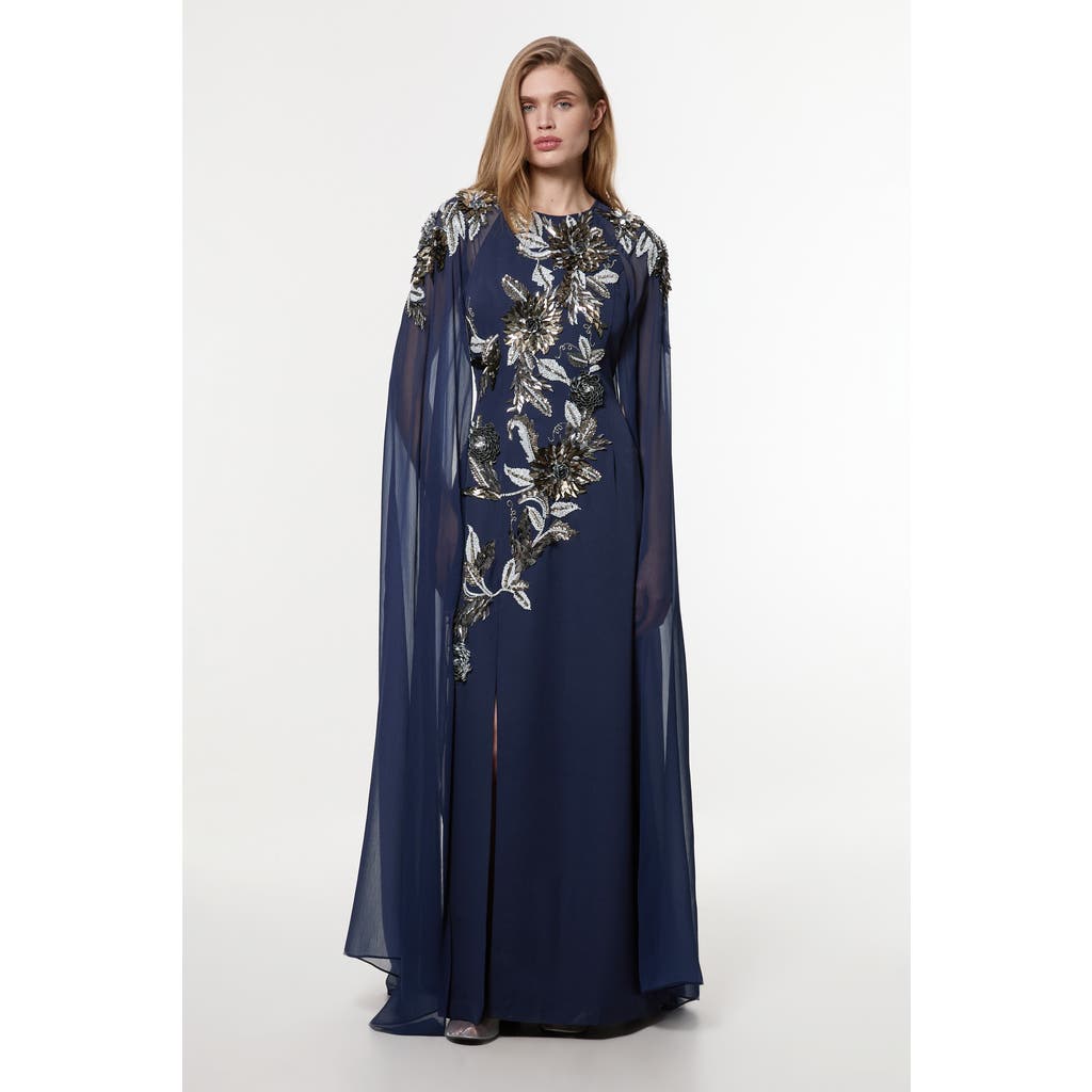 Karen Millen Floral 3d Cape Sleeve Maxi Dress In Blue