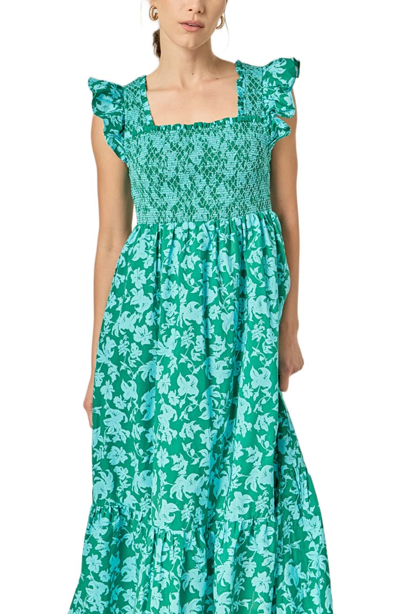 English Factory Print Smocked Cotton Midi Dress, Alternate, color, Green