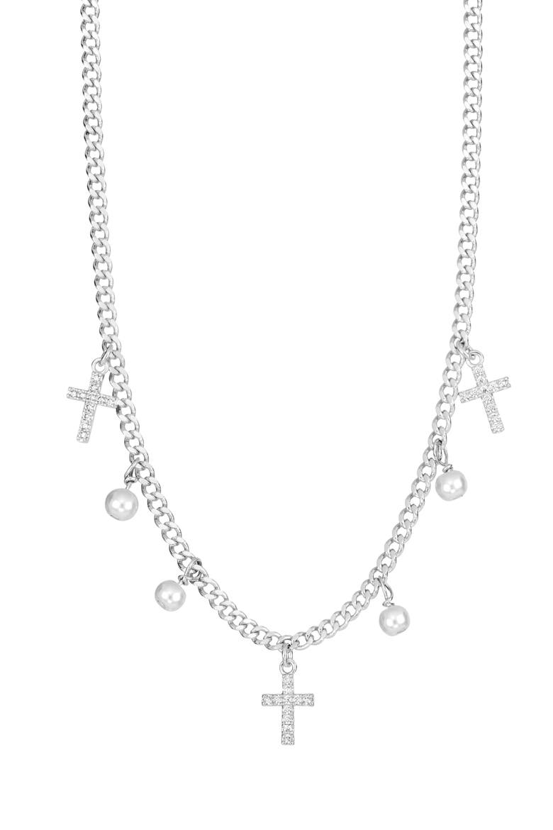 Imitation Pearl Pavé Cross Necklace, Main, color, SILVER