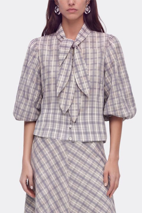 Tie Neck Balloon Sleeve Shirt