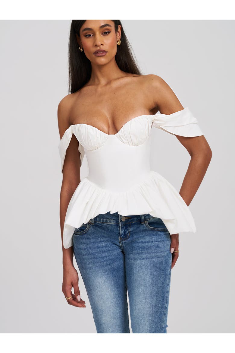 Qistina Off-shoulder Bubble Hem Peplum Cotton Top, Alternate, color, White