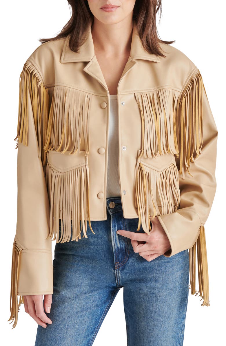 Steve Madden Halia Fringe Trim Faux Leather Jacket, Main, color,