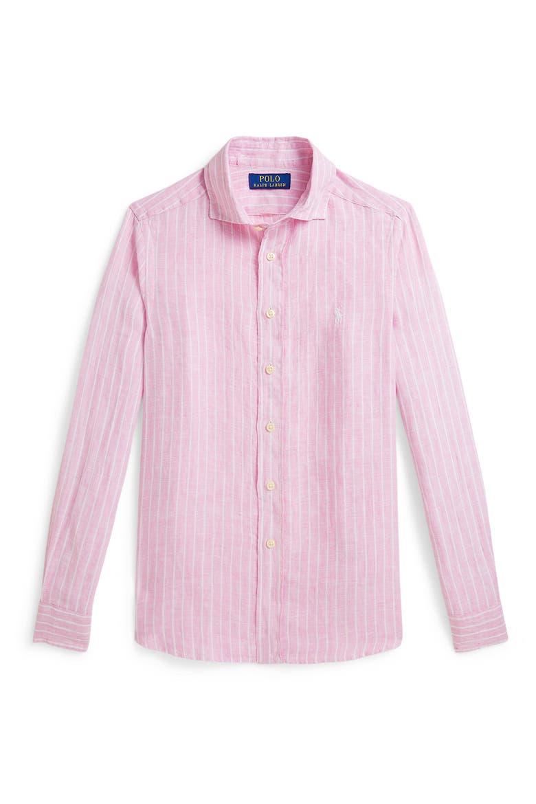 Kids' Stripe Linen Button-Up Shirt, Main, color, CARMEL PINK WHITE