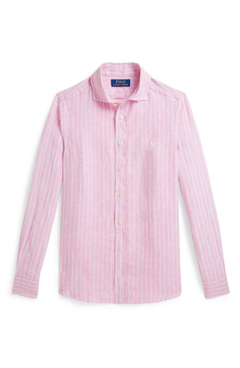 Polo Ralph Lauren Kids' Stripe Linen Button-Up Shirt, Main, color, Carmel Pink White