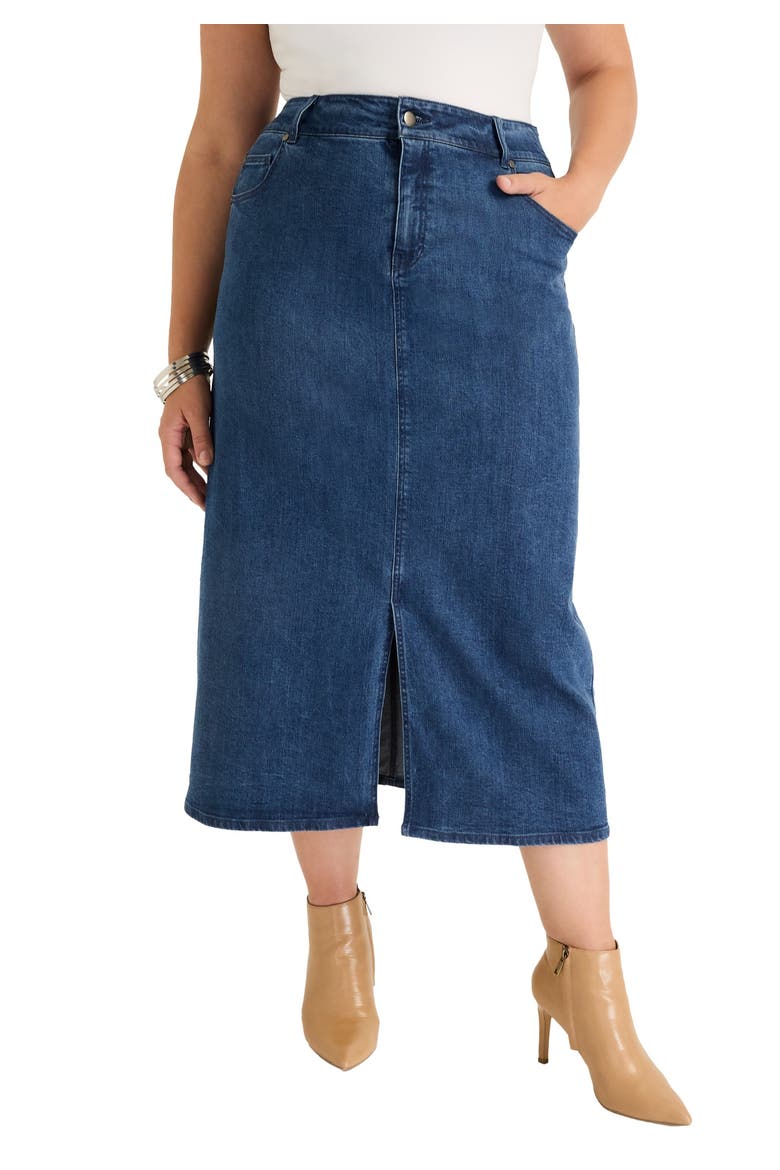 Front-Slit Denim Midi Skirt, Main, color, MEDIUM BLUE