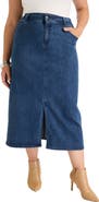 June + Vie Front-Slit Denim Midi Skirt