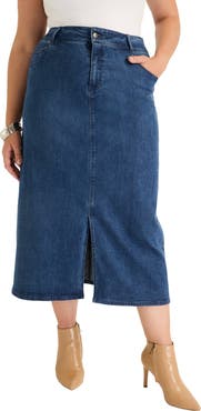 June & Vie Front Slit Denim Midi Skirt (plus)