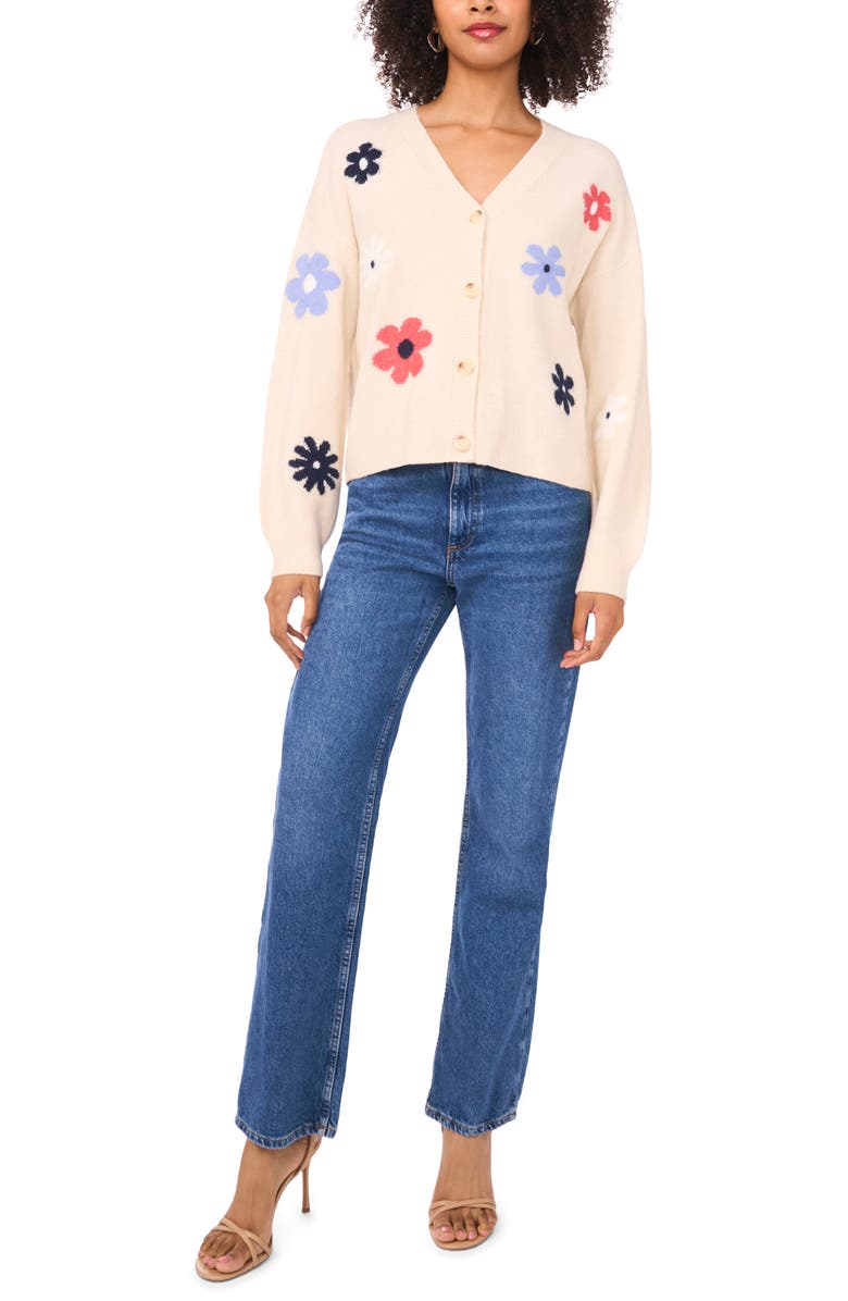 1.STATE Floral V-Neck Cardigan, Alternate, color, Birch