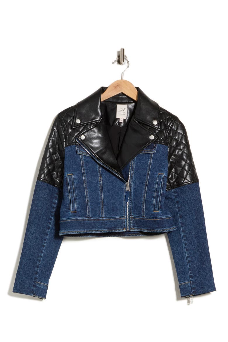 Joan Mixed Media Moto Jacket, Main, color, OCEANE/ BLACK