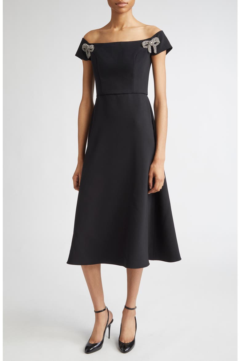 Crystal Bow Off the Shoulder Stretch Crepe Midi Dress, Main, color, BLACK