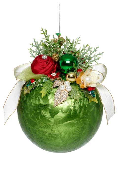 Floral Jeweled Ornament, Frosted, Dark Green