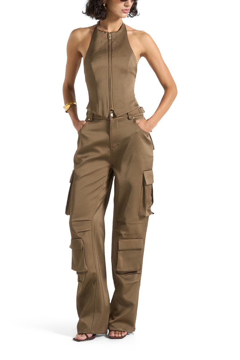 Claudette Satin Halterneck Backless Top, Alternate, color, Dark Olive