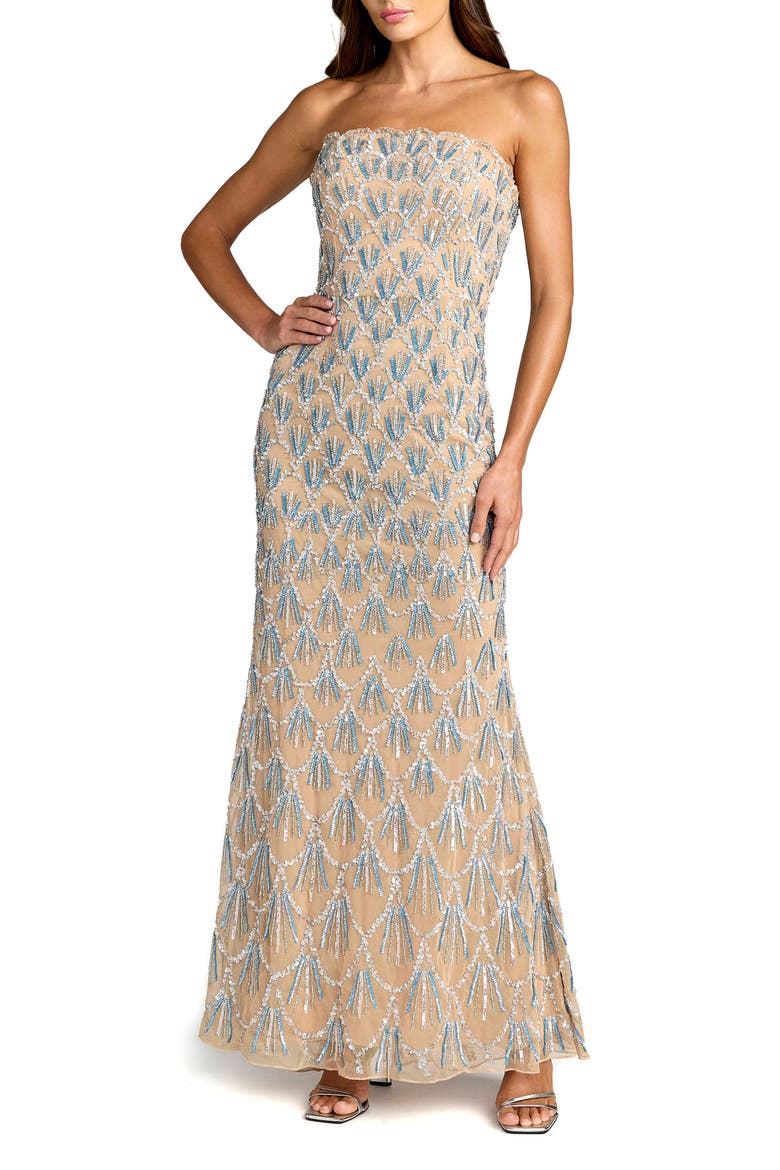 Strapless Hand Beaded Mesh Mermaid Gown, Main, color, Nude Silver