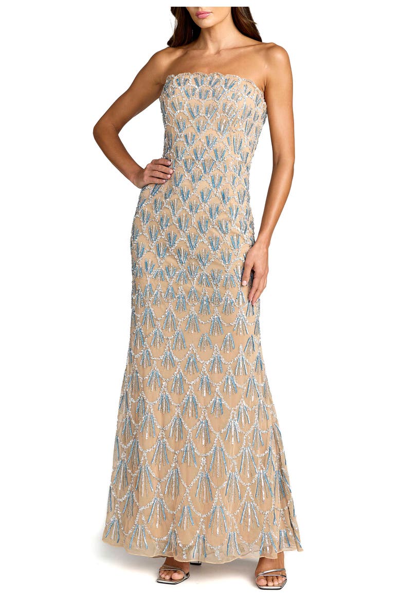 Mac Duggal Strapless Hand Beaded Mesh Mermaid Gown, Main, color, Nude Silver