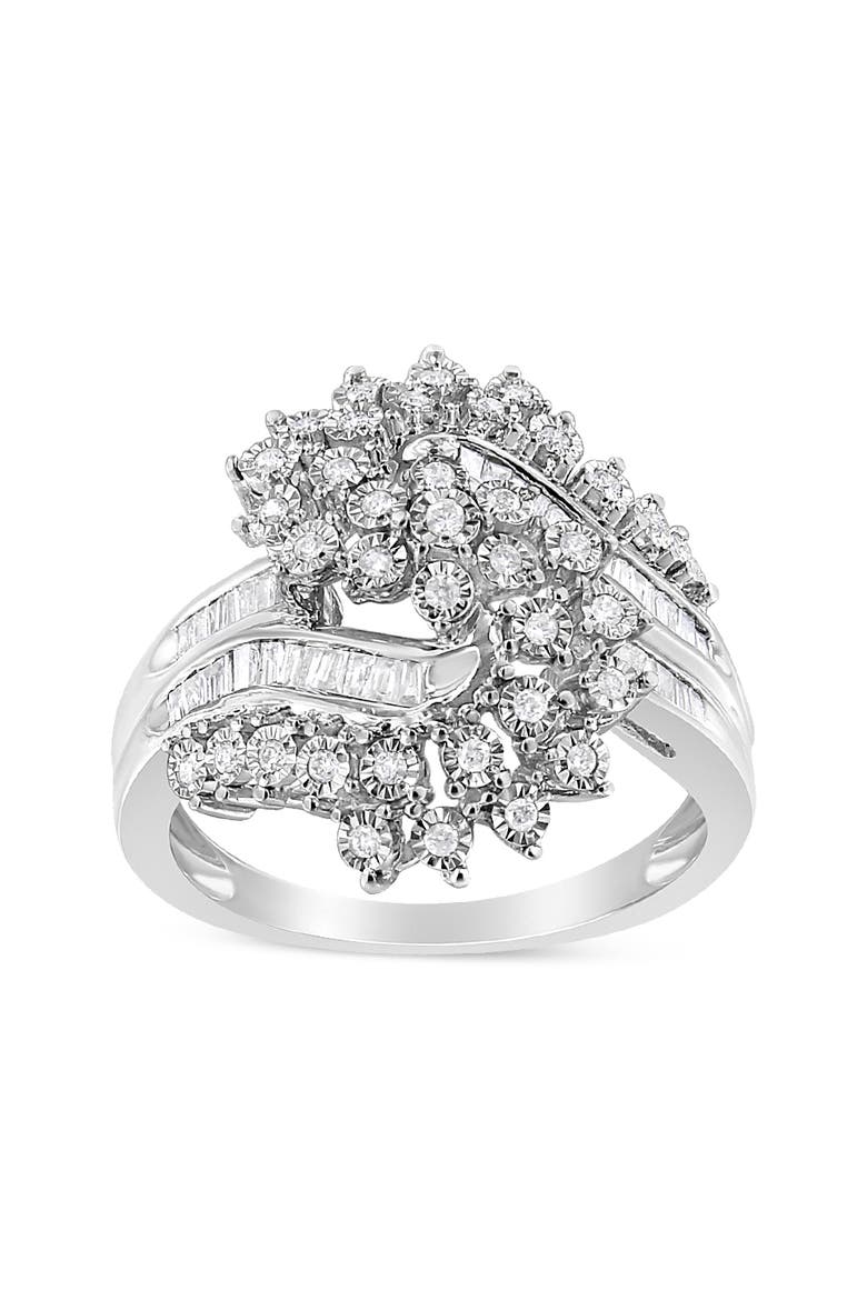 Silver 1/5 Cttw Miracle-Set Diamond Heart Cross-Over Bypass Ring, Alternate, color, Silver