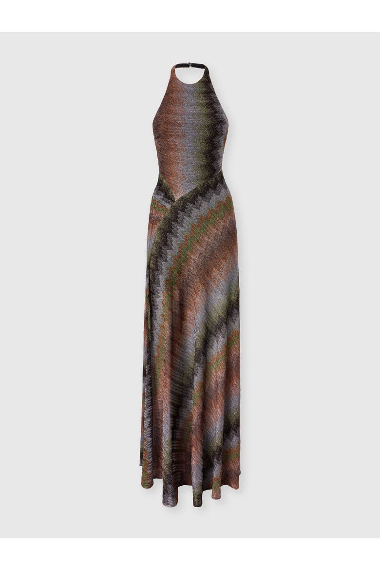 Long Dress With Halterneck In Viscose Lamé Snake Motif, Main, color, Multicoloured