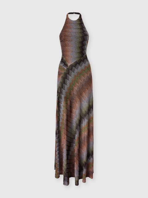 Long Dress With Halterneck In Viscose Lamé Snake Motif